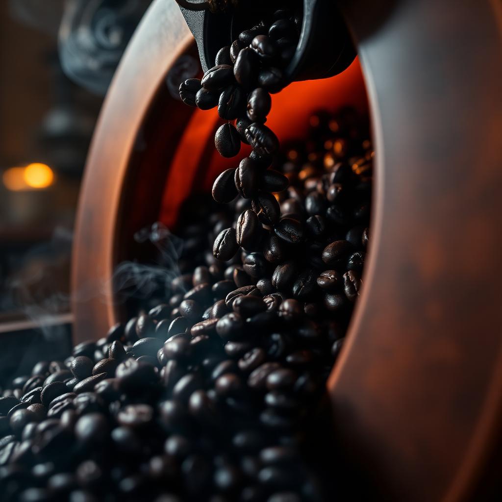 Coffee beans tumbling from a copper drum roaster