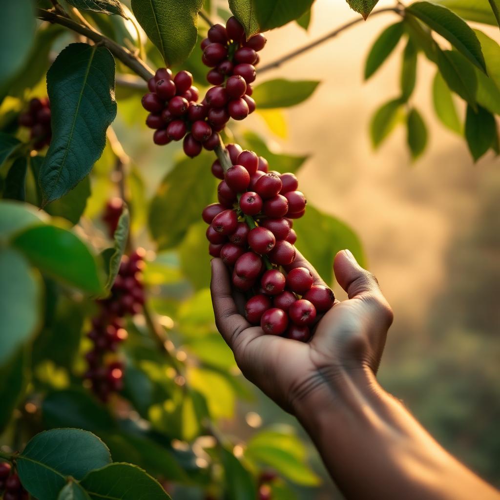 Hands cradling ripe coffee cherries on the branch
