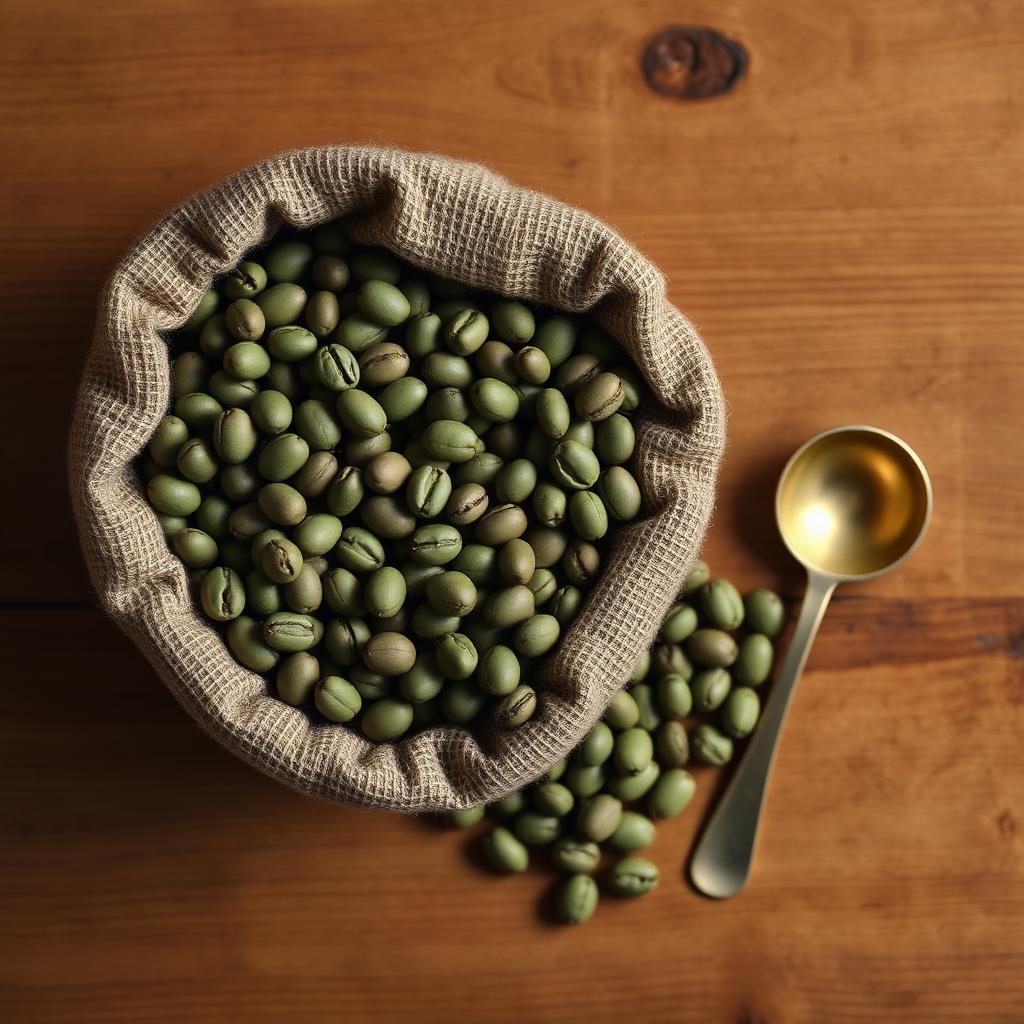 Green unroasted coffee beans in a burlap sack